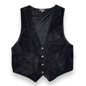 PTNY Black Patchwork Leather Suede Snap Front Vest VINTAGE